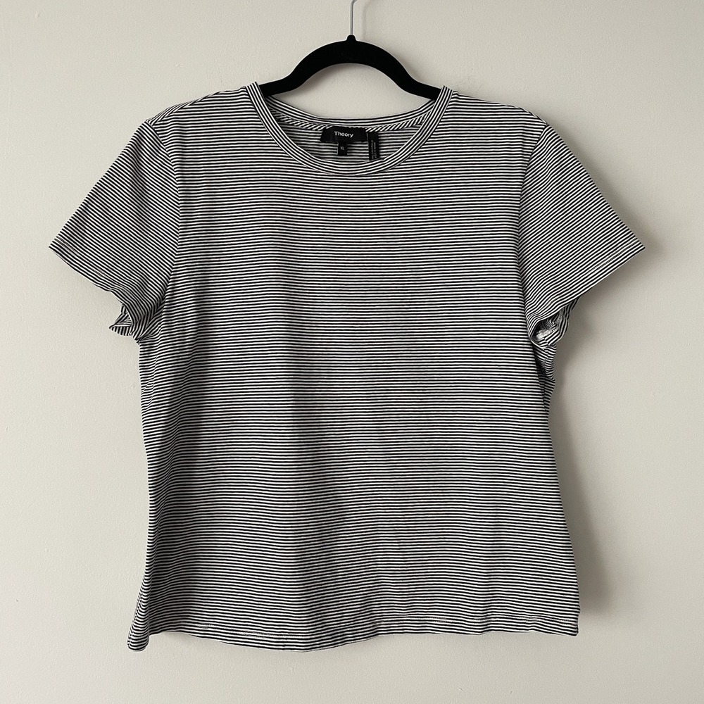 Theory 100% Cotton Stripe Knit Tiny Tee Black White XL Stretch Minimalist Basic